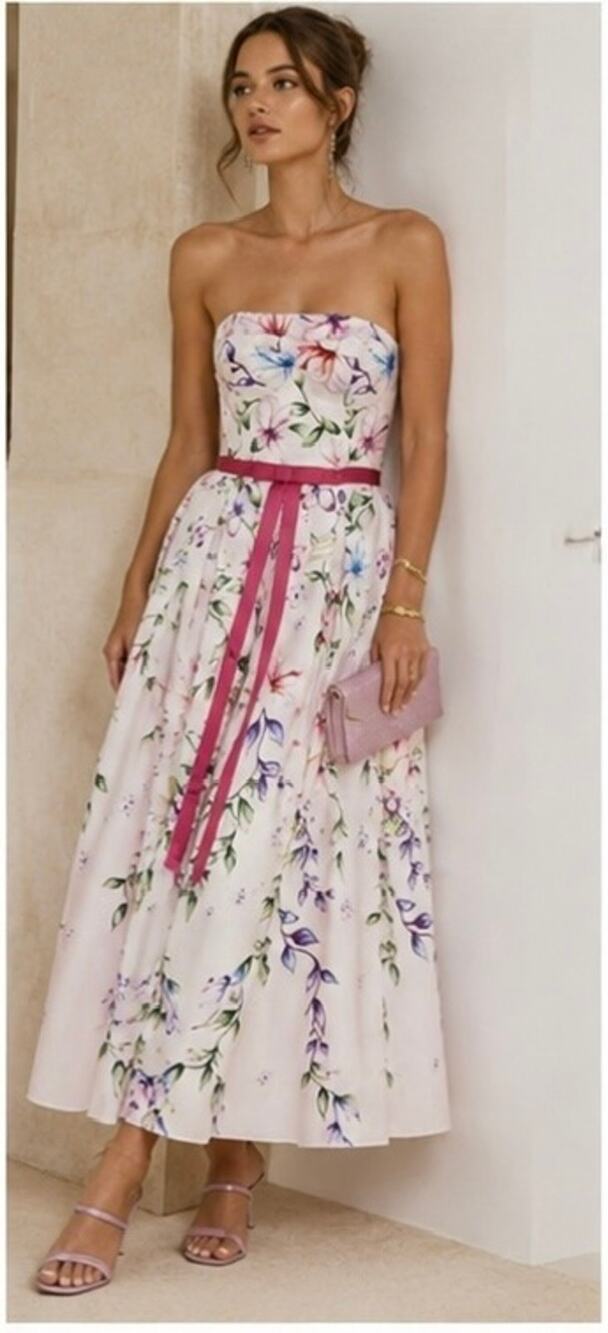 Marchesa Floral Mikado Strapless Corset Fit & Flare Midi Dress US 4
